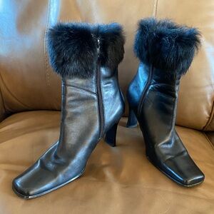 Karen Scott black leather with fur trim ankles boots.